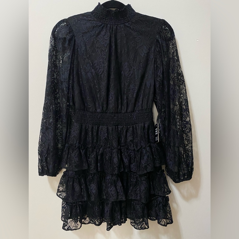 Lace Mock Neck Long Sleeve Ruffle Dress